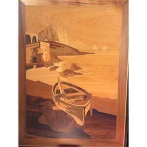 Vintage Italian Marquetry Wood Inlay Wall Art Sorrento Coastal Rowboat 15.5x11.5